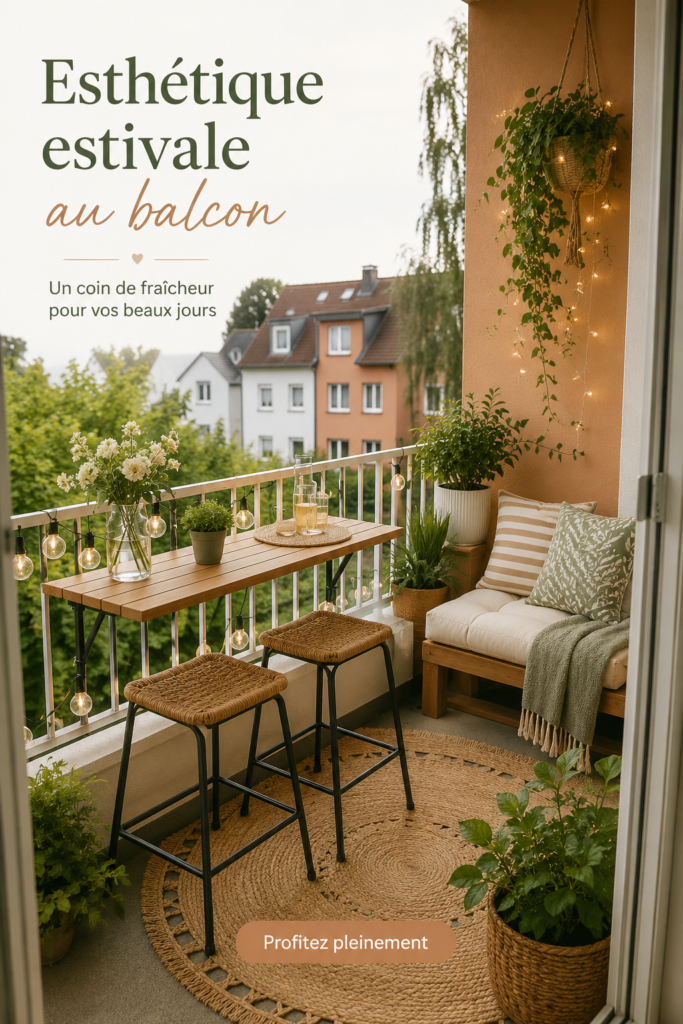 Un balcon décoré pour l'été avec des fleurs colorées et du mobilier confortable