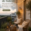 Balcon cosy avec chaises en osier et guirlandes lumineuses, surplombant la ville
