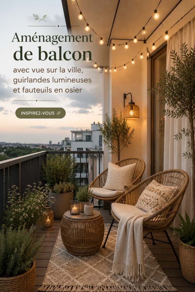 Balcon cosy avec chaises en osier et guirlandes lumineuses, surplombant la ville