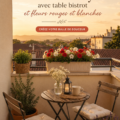 Balcon cosy avec meubles de bistrot et fleurs rouge et blanche