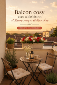 Balcon cosy avec meubles de bistrot et fleurs rouge et blanche