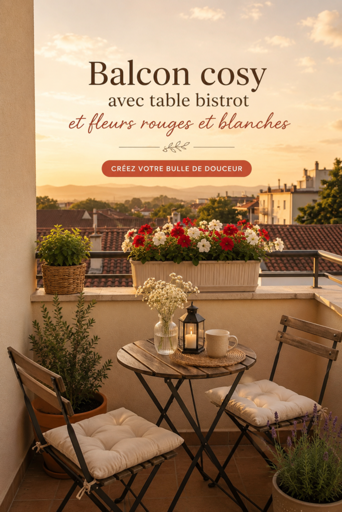 Balcon cosy avec meubles de bistrot et fleurs rouge et blanche