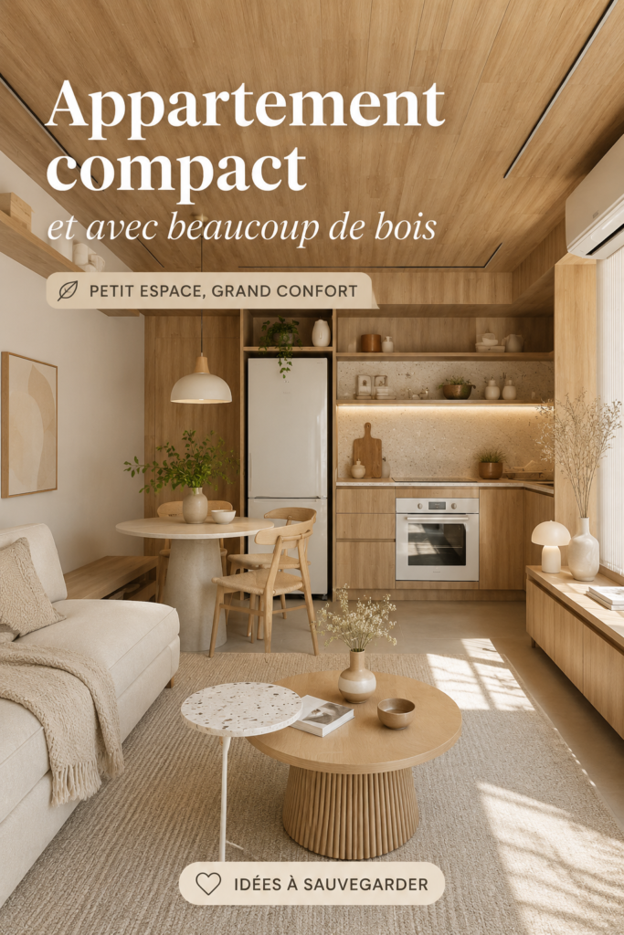Un joli salon compact et lumineux avec des meubles en bois.