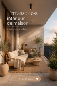 Aménagement d'une terrasse cosy avec des meubles confortables et des plantes.