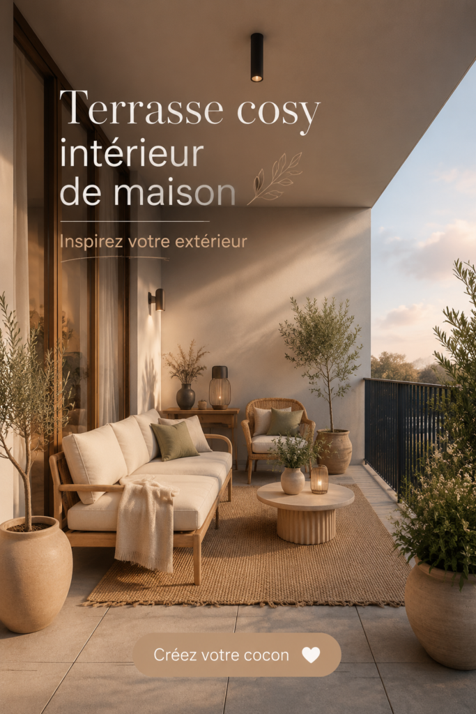 Aménagement d'une terrasse cosy avec des meubles confortables et des plantes.