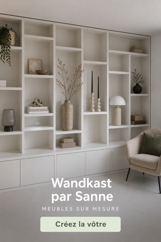 Un wandkast bien aménagé avec des objets décoratifs et des livres, alliant esthétique et fonctionnalité.