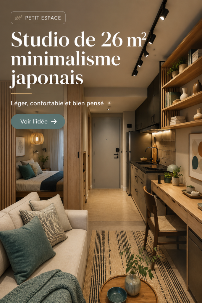 Intérieur d'un studio de 26 m² avec un design minimaliste japonais, mettant en avant des meubles fonctionnels et une esthétique épurée.