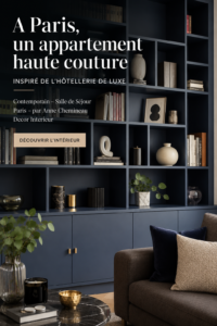 Un salon parisien au style contemporain inspiré de l'hôtellerie de luxe, mettant en avant des couleurs chaudes et des lignes épurées.