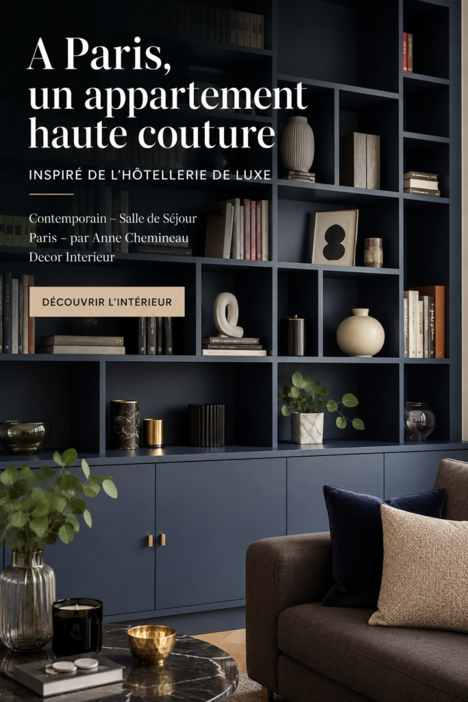 Un salon parisien au style contemporain inspiré de l'hôtellerie de luxe, mettant en avant des couleurs chaudes et des lignes épurées.