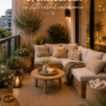 Un balcon contemporain cosy avec des meubles en bois et des plantes vertes.