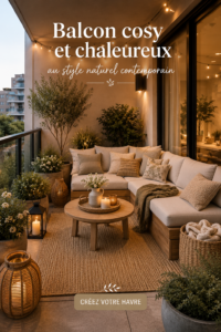 Un balcon contemporain cosy avec des meubles en bois et des plantes vertes.