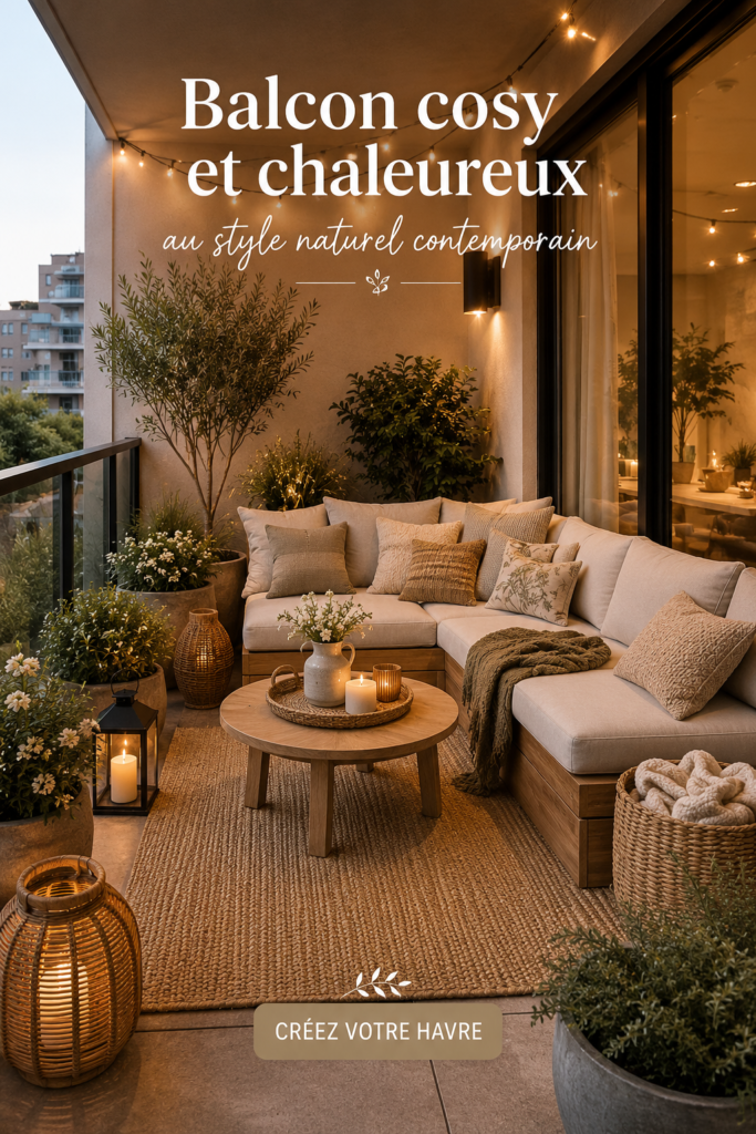 Un balcon contemporain cosy avec des meubles en bois et des plantes vertes.