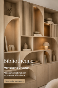 Bibliothèque sur-mesure en bois blanc, aménagée dans un salon contemporain à Bordeaux.