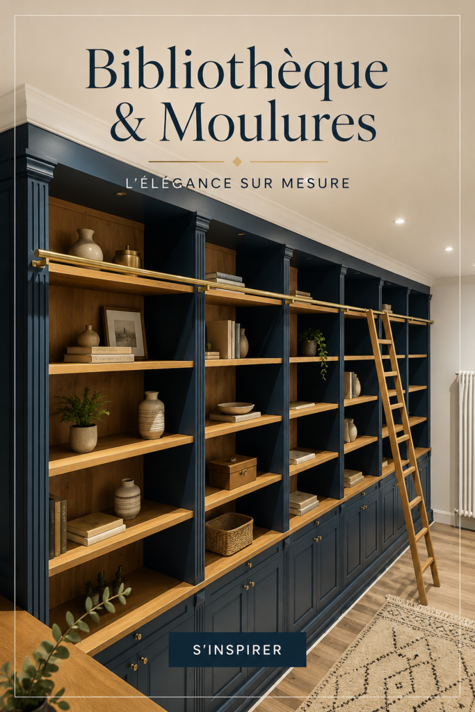 Bibliothèque élégante avec des moulures en bois blanc