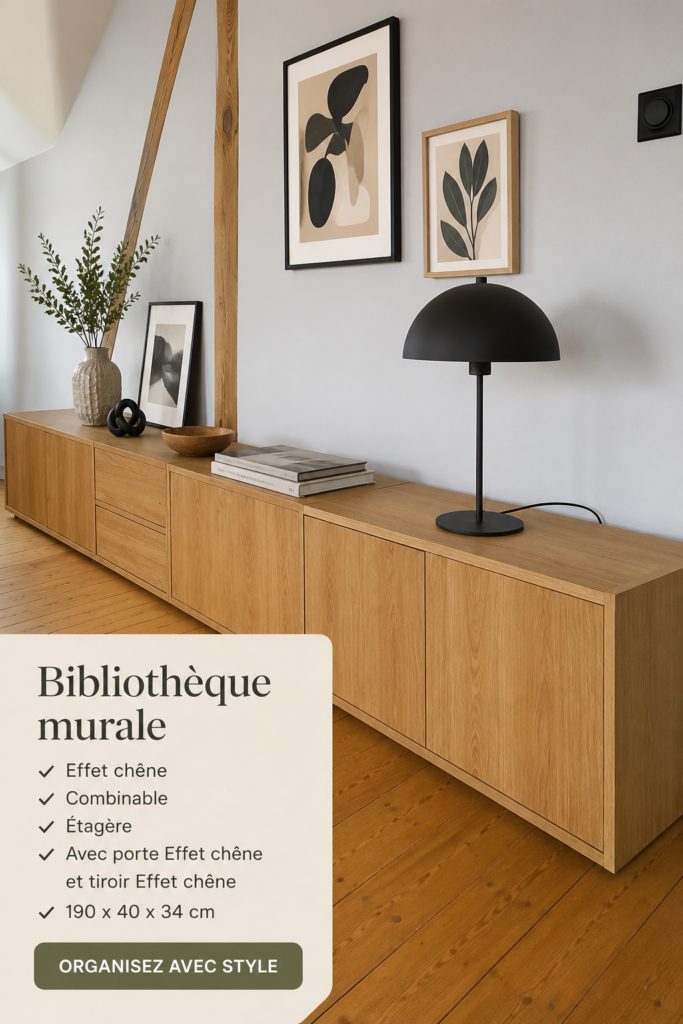 Bibliothèque murale effet chêne moderne dans un salon accueillant