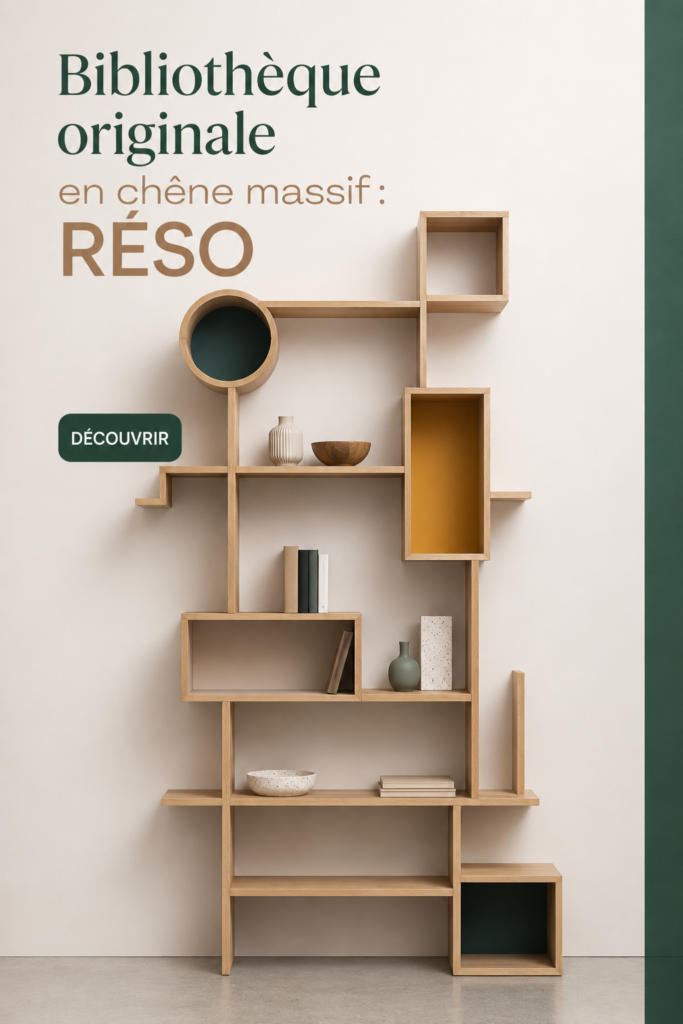 Bibliothèque en chêne massif RÉSO de Drugeot Manufacture, élégante et pratique, dans un intérieur chaleureux.
