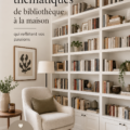 Bibliothèque thématique dans un salon cosy, mélange de livres et décorations personnelles.