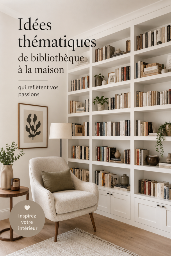 Bibliothèque thématique dans un salon cosy, mélange de livres et décorations personnelles.