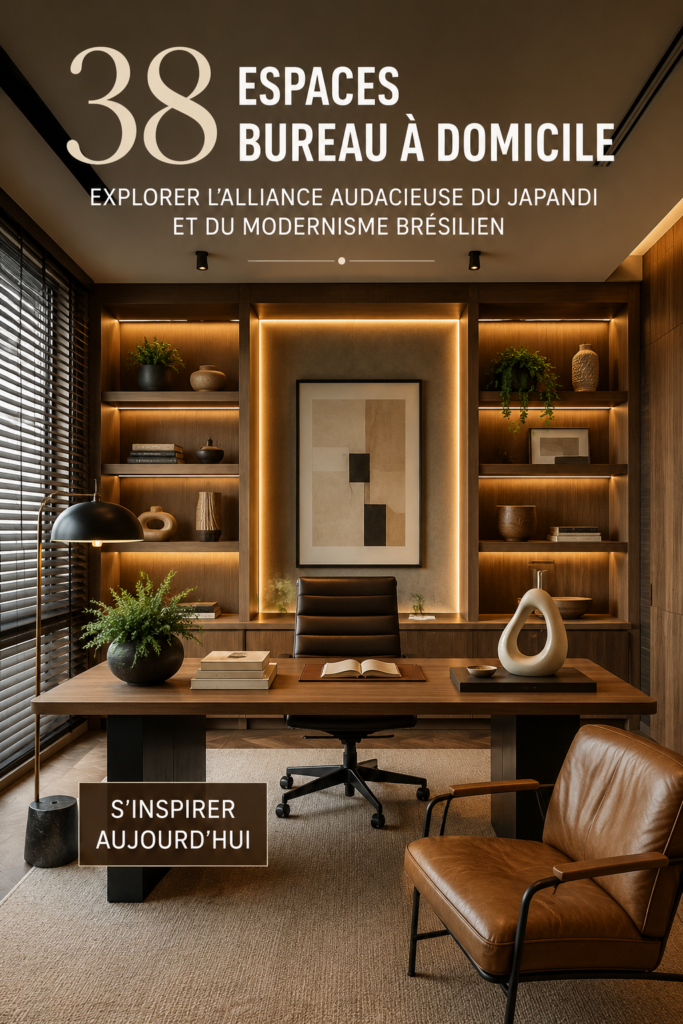 Bureau à domicile alliant style Japandi et Modernismo brésilien, avec des accents naturels et colorés.