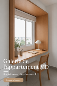 Intérieur d'un appartement chaleureux avec des couleurs douces et un aménagement confortable.