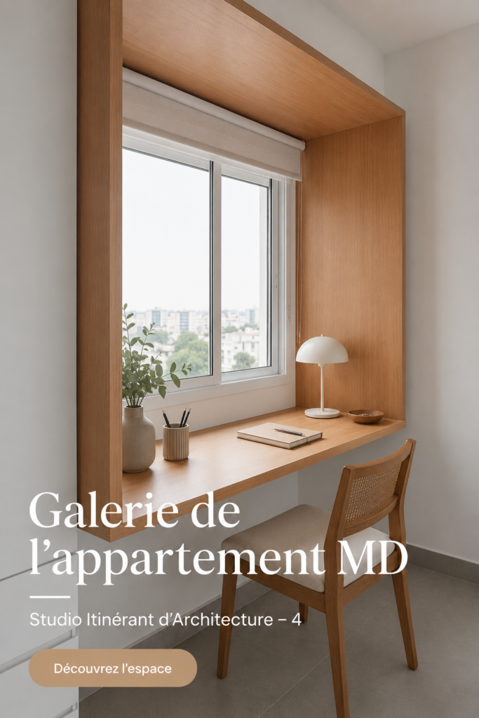 Intérieur d'un appartement chaleureux avec des couleurs douces et un aménagement confortable.