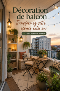 Un balcon décoré avec des plantes et des meubles cosy, invitant à la détente.