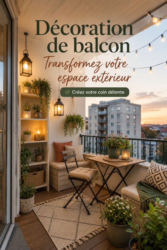 Un balcon décoré avec des plantes et des meubles cosy, invitant à la détente.