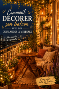 Balcon décoré avec des guirlandes lumineuses créant une ambiance chaleureuse.