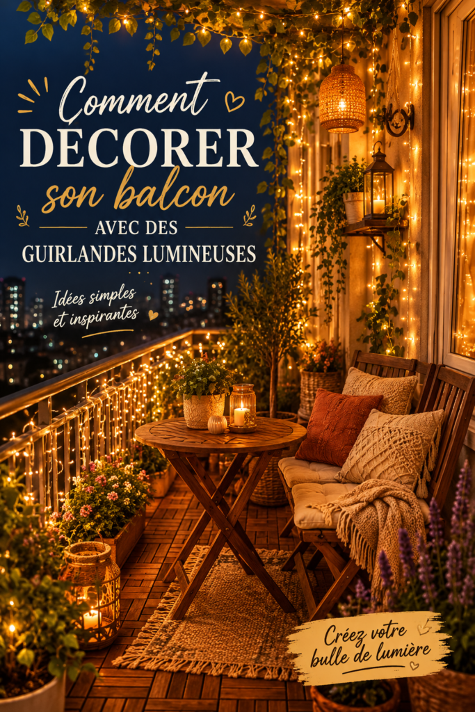 Balcon décoré avec des guirlandes lumineuses créant une ambiance chaleureuse.