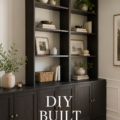 Un espace de vie transformé avec des meubles intégrés réalisés en DIY, offrant un rangements pratiques et esthétiques.