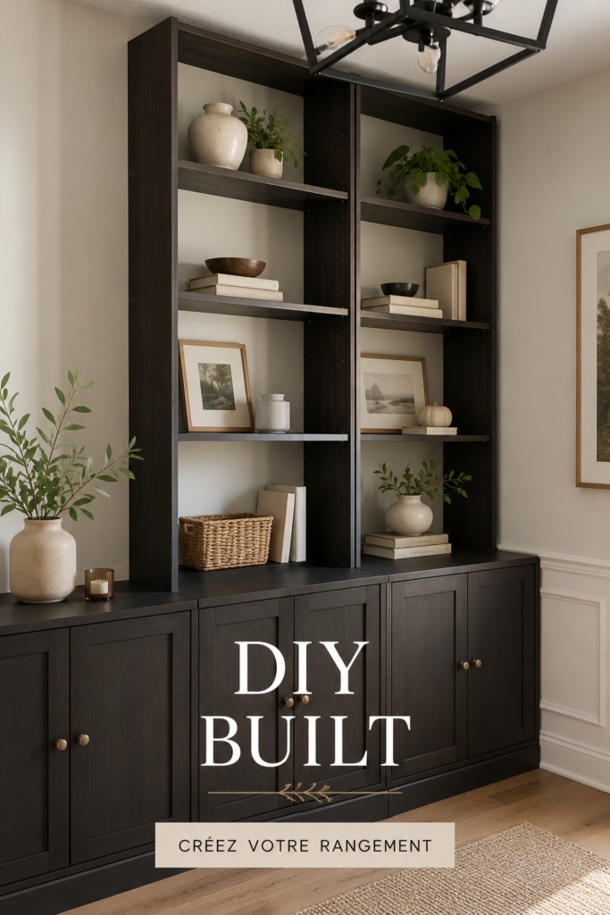 Un espace de vie transformé avec des meubles intégrés réalisés en DIY, offrant un rangements pratiques et esthétiques.