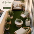Balcon aménagé avec plantes et mobilier confortable.