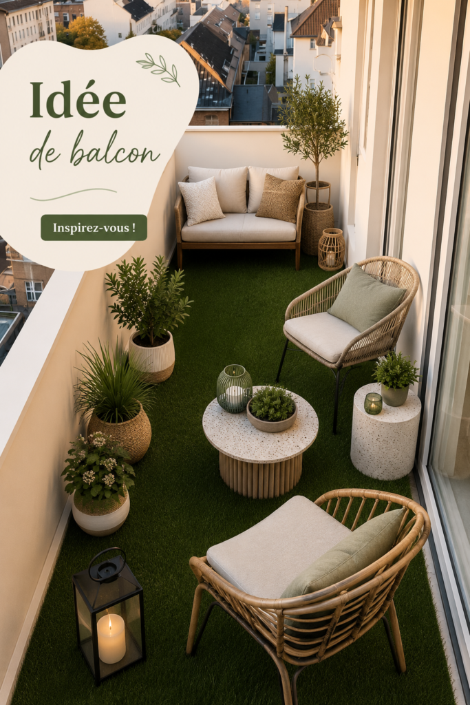 Balcon aménagé avec plantes et mobilier confortable.