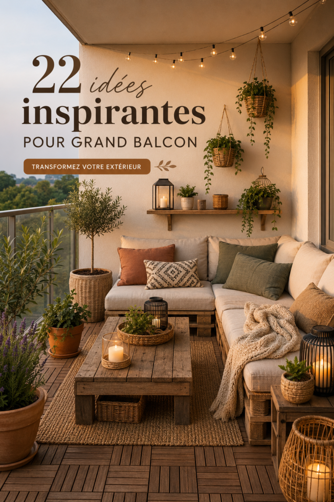 Un grand balcon avec des plantes vertes et un mobilier confortable, parfait pour la détente