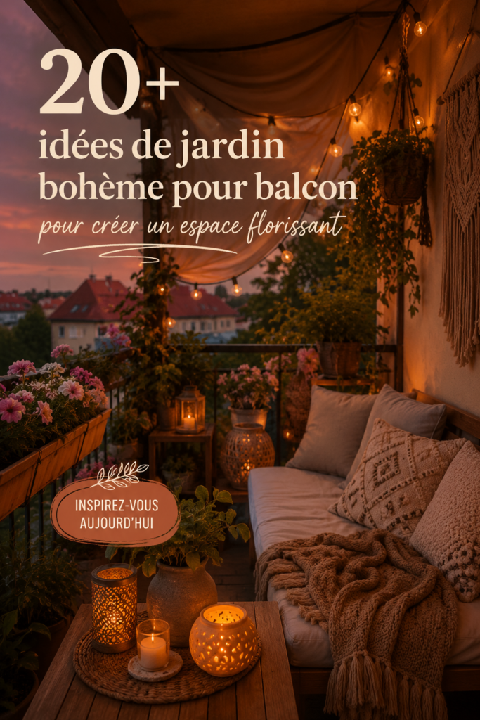 Un balcon décoré dans un style boho, rempli de plantes vertes et de textiles naturels.