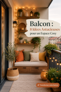 Balcon cosy décoré avec des plantes et un mobilier confortable pour se détendre.