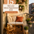 Aménagement d'un balcon étroit avec des fleurs et des sièges confortables.