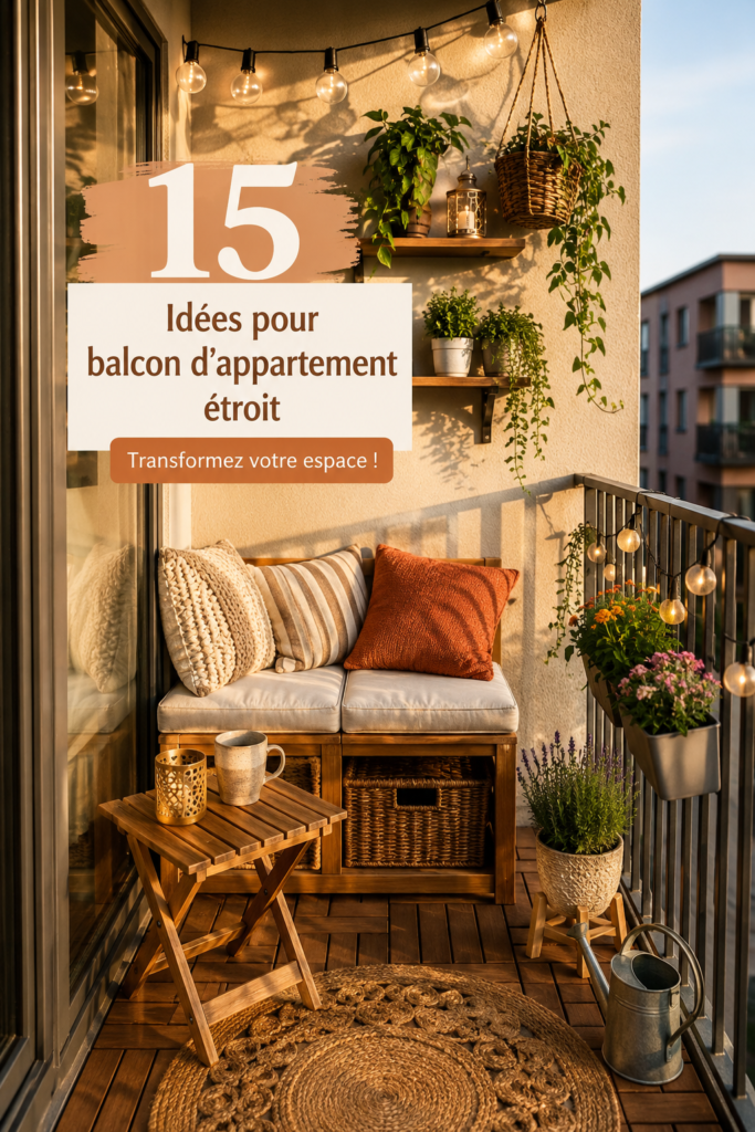 Aménagement d'un balcon étroit avec des fleurs et des sièges confortables.