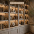 Une bibliothèque élégante avec des étagères en bois et des livres décoratifs.