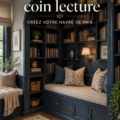 Un coin lecture cosy avec un fauteuil confortable et des étagères remplies de livres.