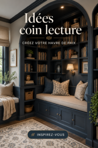 Un coin lecture cosy avec un fauteuil confortable et des étagères remplies de livres.