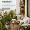 Un patio décoré avec des meubles confortables et des plantes luxuriantes