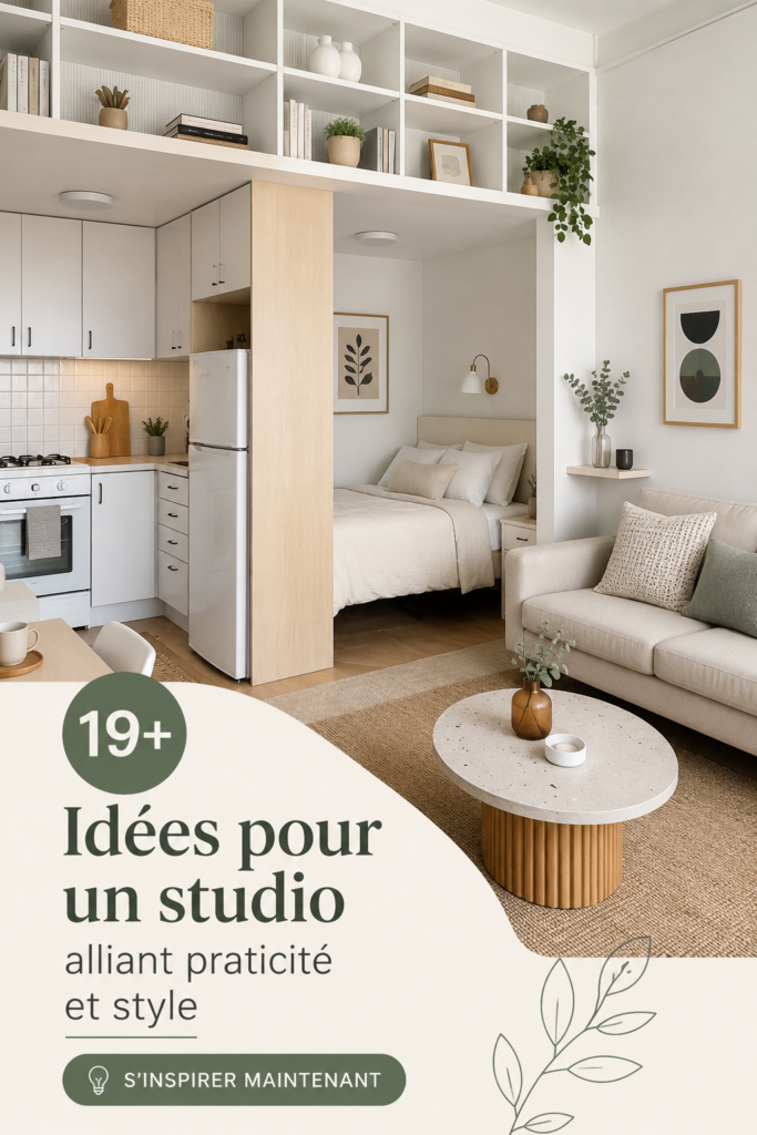 Intérieur d'un studio moderne avec aménagement fonctionnel et décor chaleureux.
