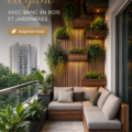 Jardin élégant sur un balcon avec des sièges en bois et des plantes vertes.