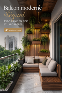 Jardin élégant sur un balcon avec des sièges en bois et des plantes vertes.
