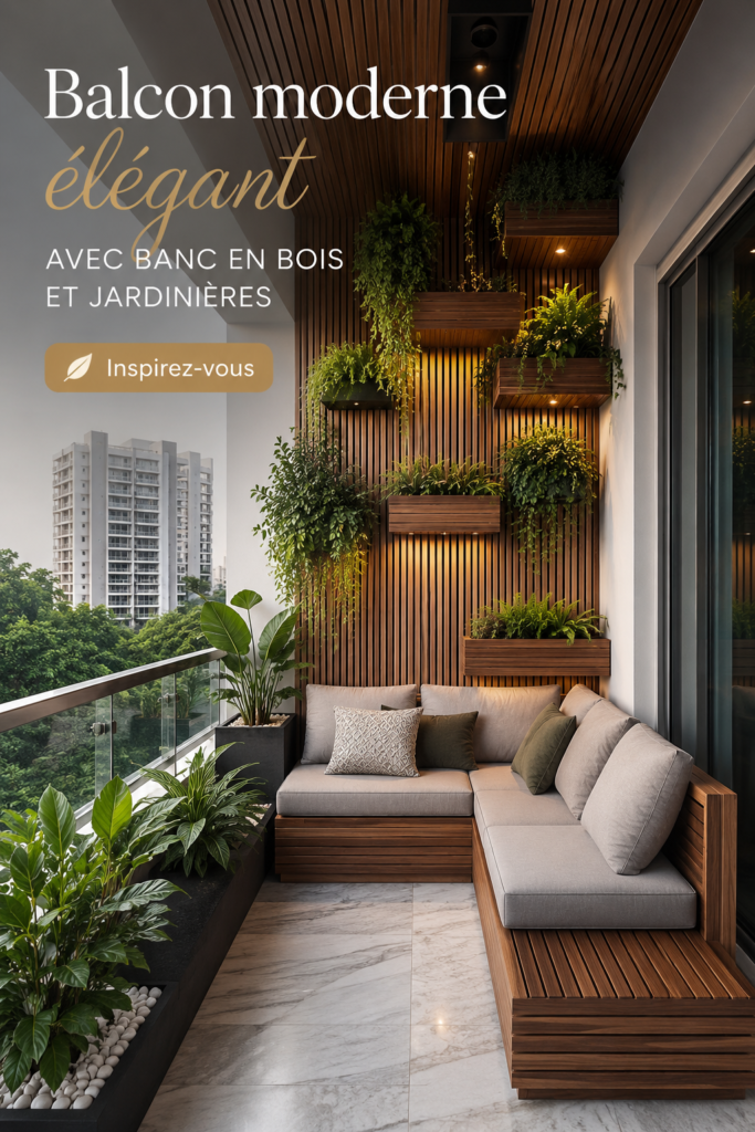 Jardin élégant sur un balcon avec des sièges en bois et des plantes vertes.