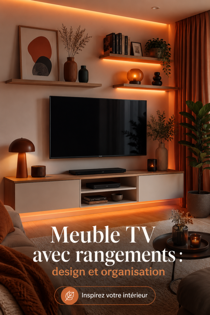 Meuble TV en bois design avec rangement intégré dans un salon moderne.