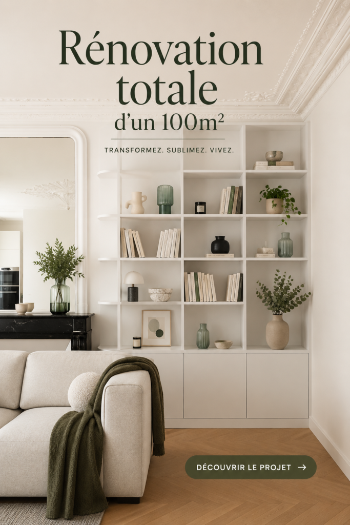 Intérieur rénové d'un appartement de 100m² avec un décor moderne et chaleureux.