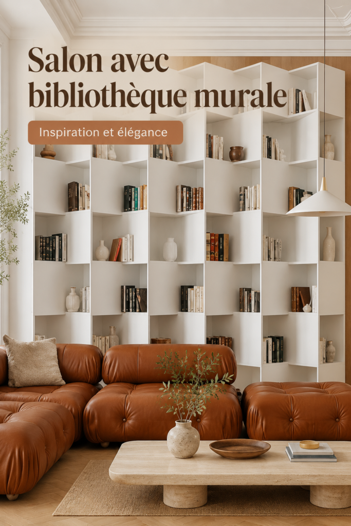 Salon avec une bibliothèque murale chaleureuse et accueillante, décoré avec goût.