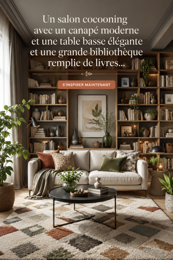 Salon cosy moderne avec un canapé élégant et une table basse en bois.
